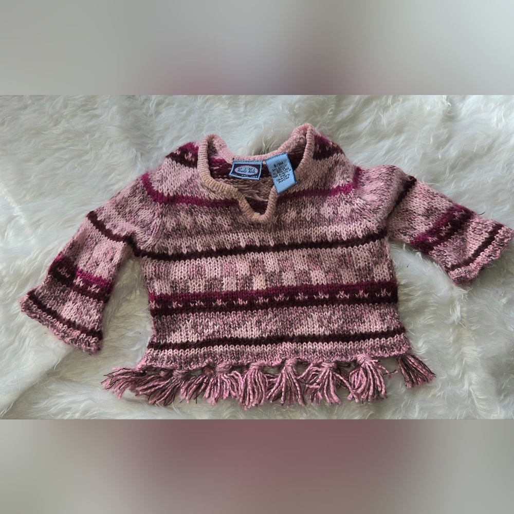 Koala Kids Baby Girls Pink and Burgundy Knit V Neck With Fringe Sweater Vintage